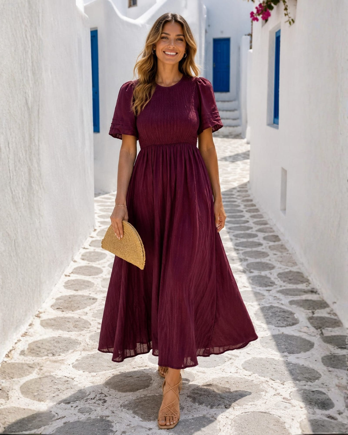 Iolana Dress in Wine, a women's cotton smock midi dress by Esther and Co, front view