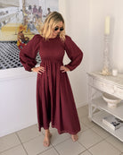 Iolana wine long sleeve smock midi dress, detail view