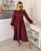 Iolana wine long sleeve midi dress, back view