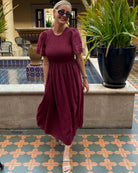 Iolana wine cotton smock midi dress, detail view