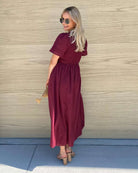 Iolana Dress in Wine womens wine cotton midi dress styled outfit