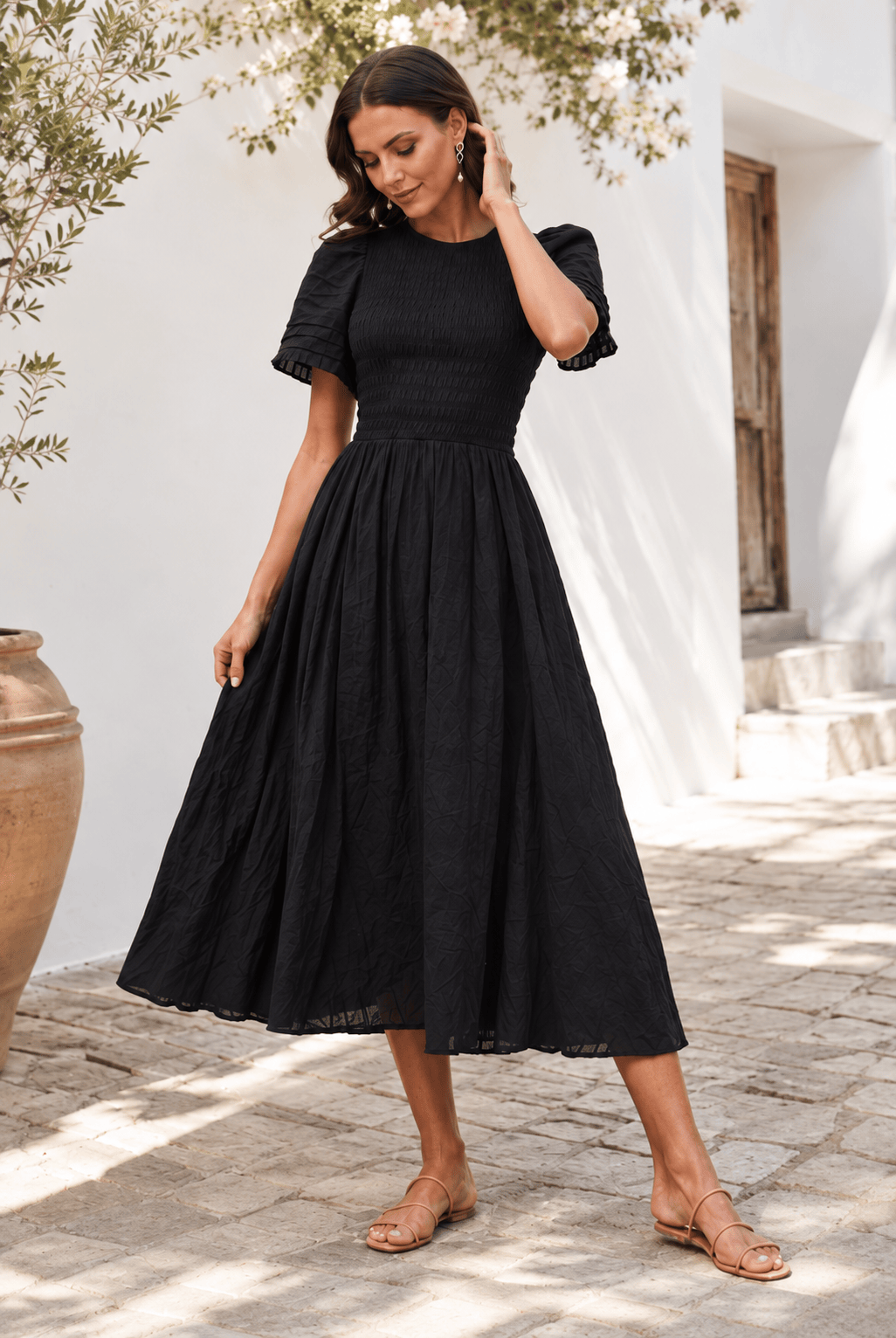 Iolana Dress in Black, women's cotton smock midi dress by Esther & Co