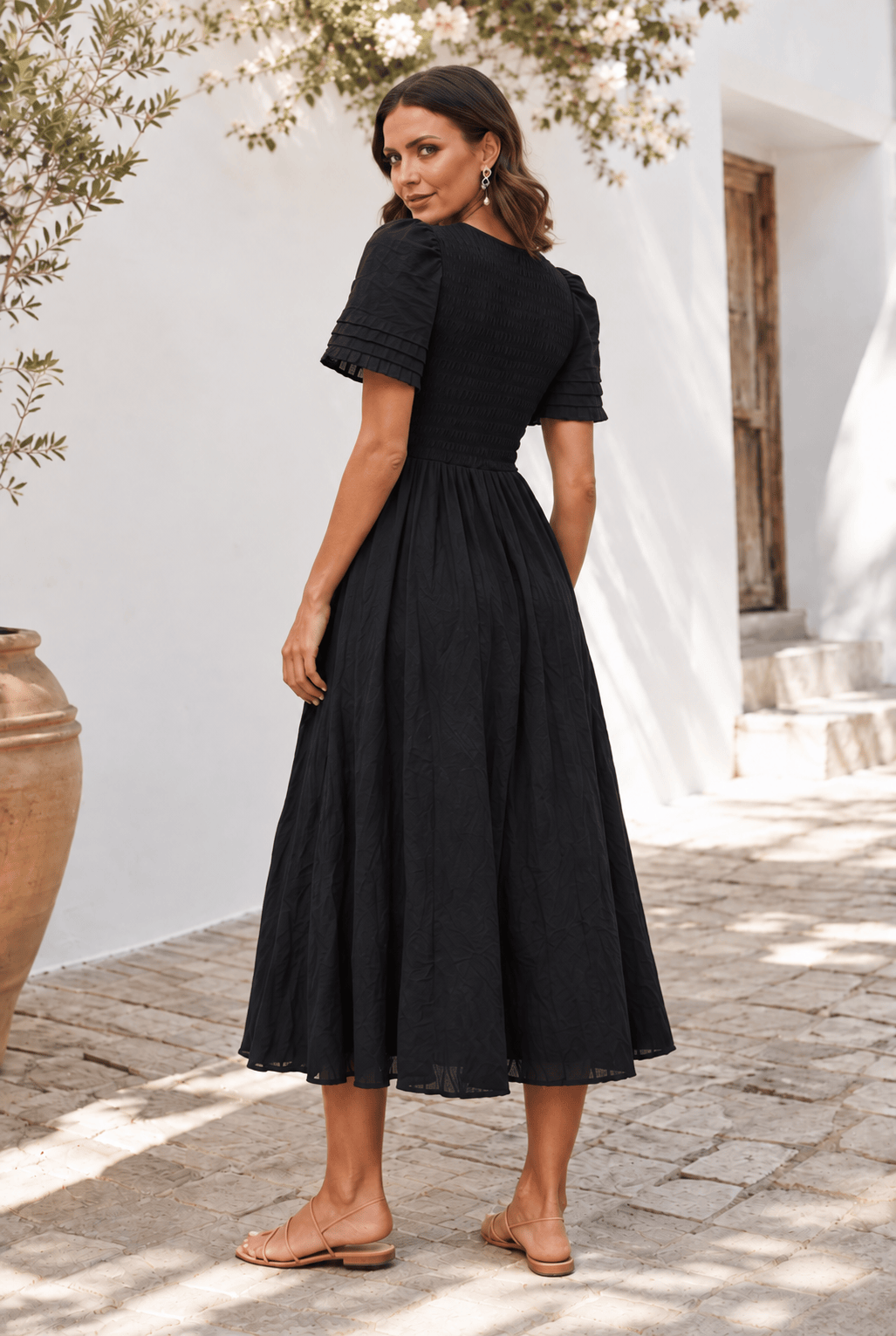 Iolana Dress in Black, women's cotton smock midi dress by Esther & Co, photo 2