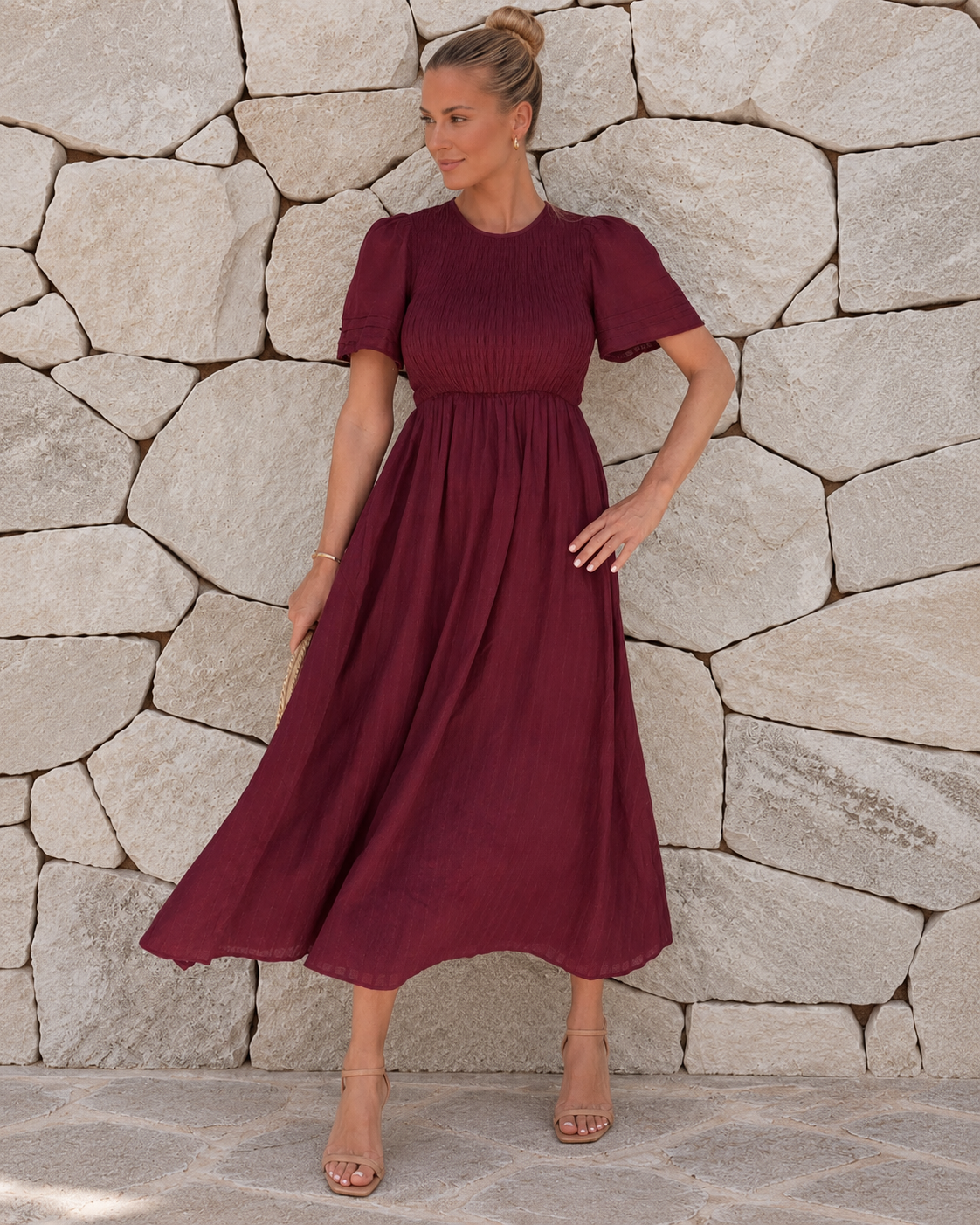 Iolana Dress in Wine womens wine red cotton short sleeve midi dress by Esther & Co