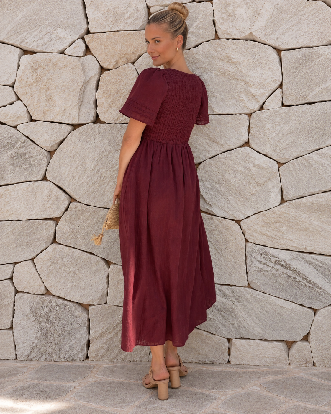 Iolana Dress in Wine womens wine red a-line cotton midi dress by Esther & Co