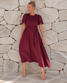 Iolana Dress in Wine, a women's flowy wine red cotton smock midi dress by Esther & Co
