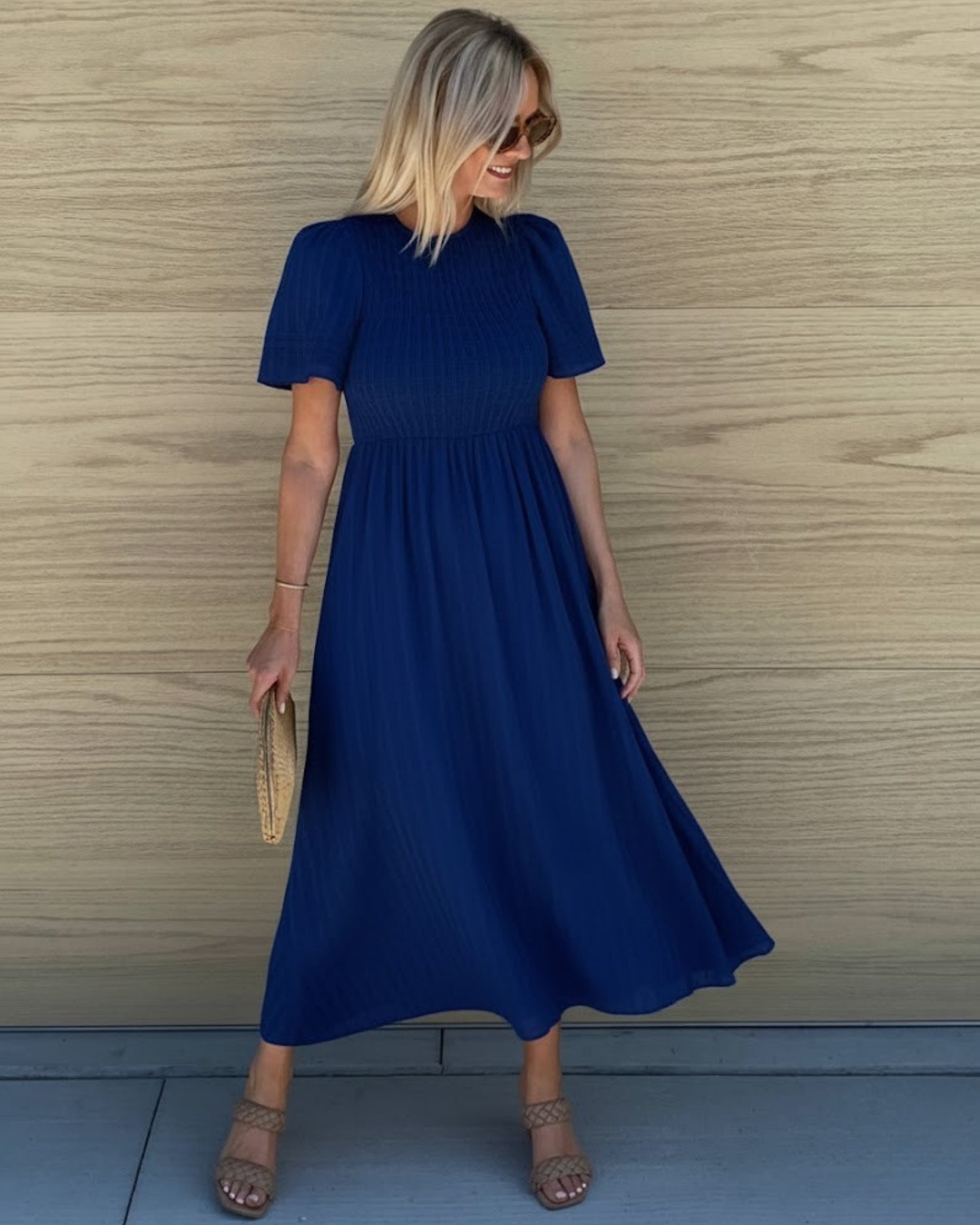 Women's navy shirred A-line midi dress, the Iolana Dress in Navy by Esther & Co