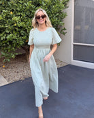 Iolana Dress in Soft Khaki womens soft khaki midi styled outfit