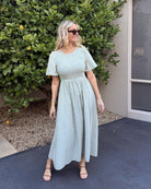 Iolana Dress in Soft Khaki soft khaki smock midi dress full length