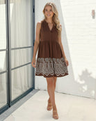 Women's chocolate print embroidered mini dress, the Iona Choc Print Dress by Esther & Co