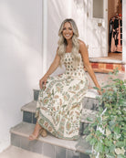 Women's green multi print maxi dress styled outfit by Esther & Co