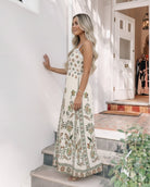 Women's green printed maxi dress front view by Esther & Co