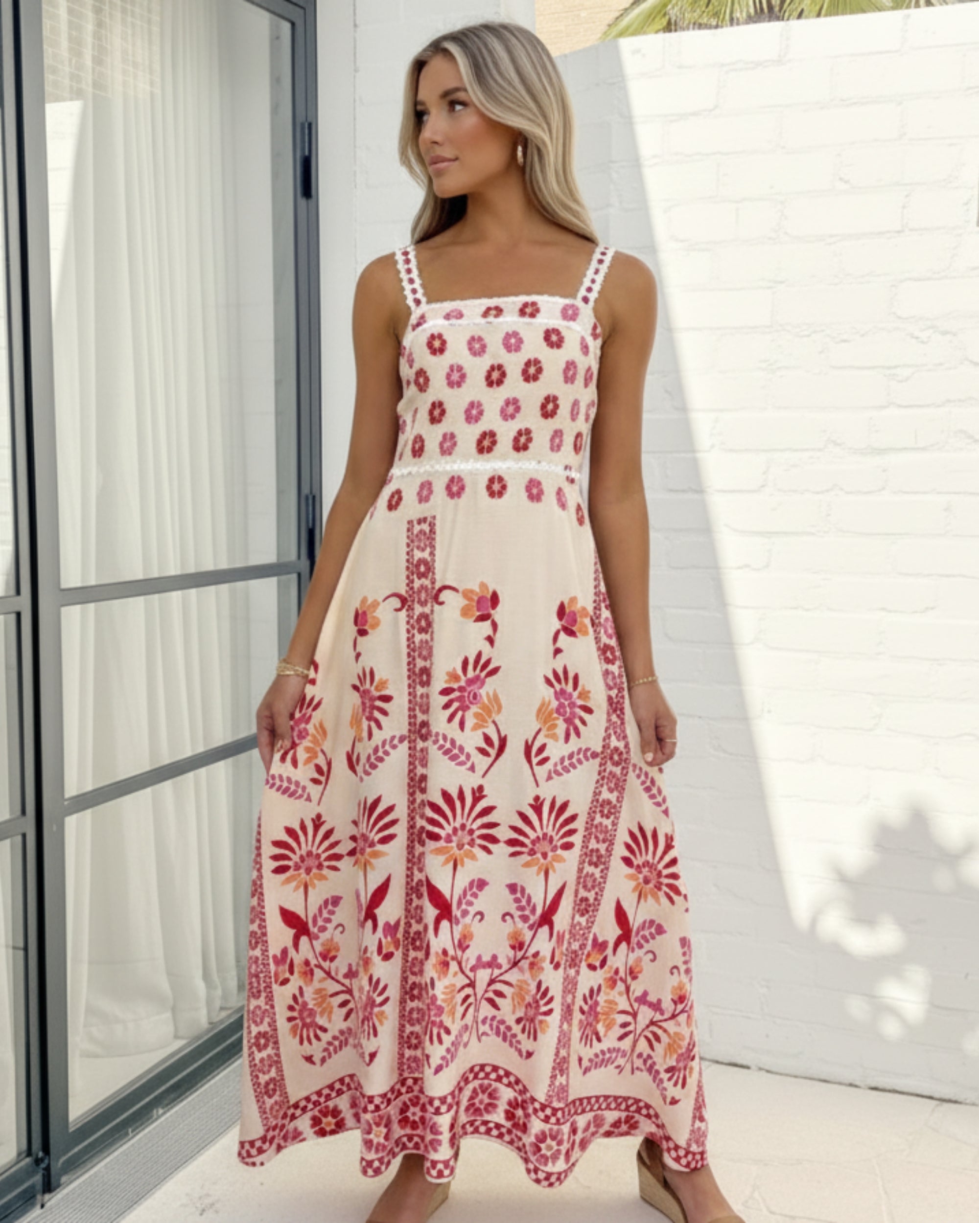 Women's pink multi print maxi dress, the Ione Pink Multi Dress by Esther & Co