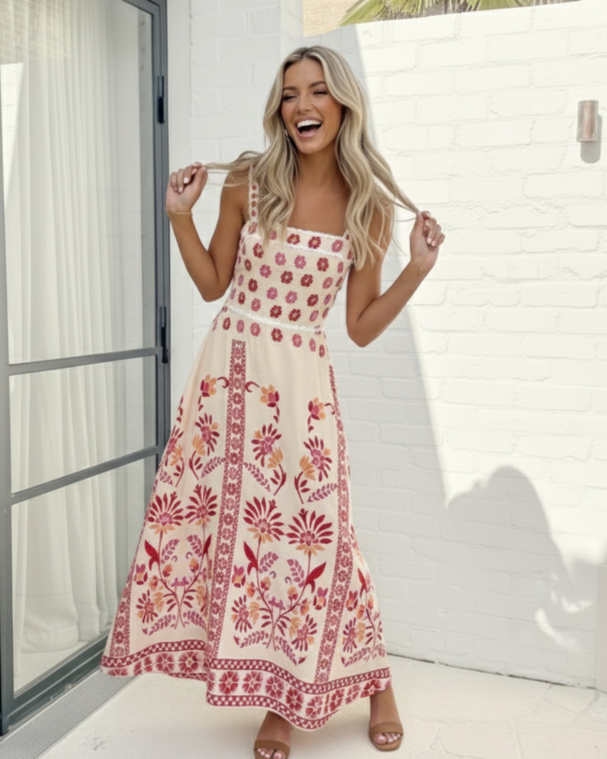 Women's pink multi print maxi dress styled outfit by Esther & Co