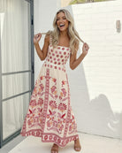 Women's pink multi print maxi dress styled outfit by Esther & Co