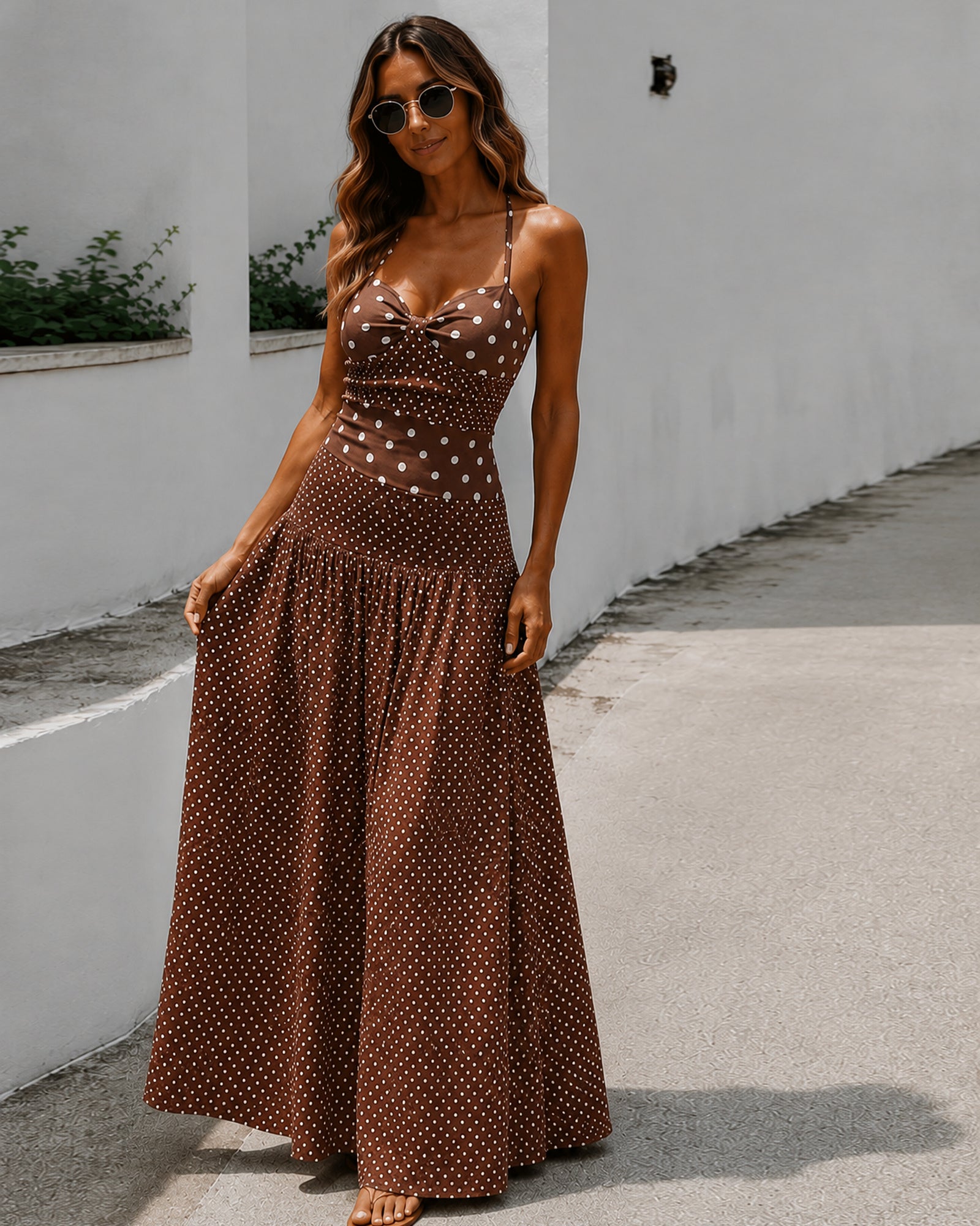 Women's twist front sweetheart polka dot maxi dress front view by Esther & Co