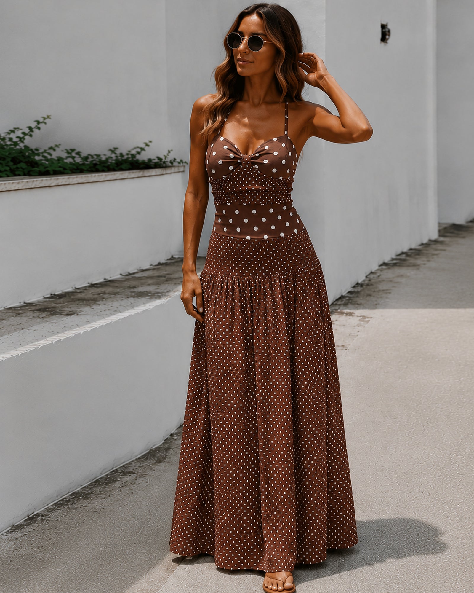 Women's cocoa brown polka dot halter maxi dress styled outfit by Esther & Co