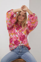 Janette Shirt in Pink Floral womens pink floral jacquard blouse styled outfit