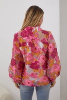 Janette Shirt in Pink Floral womens pink floral jacquard shirt back view