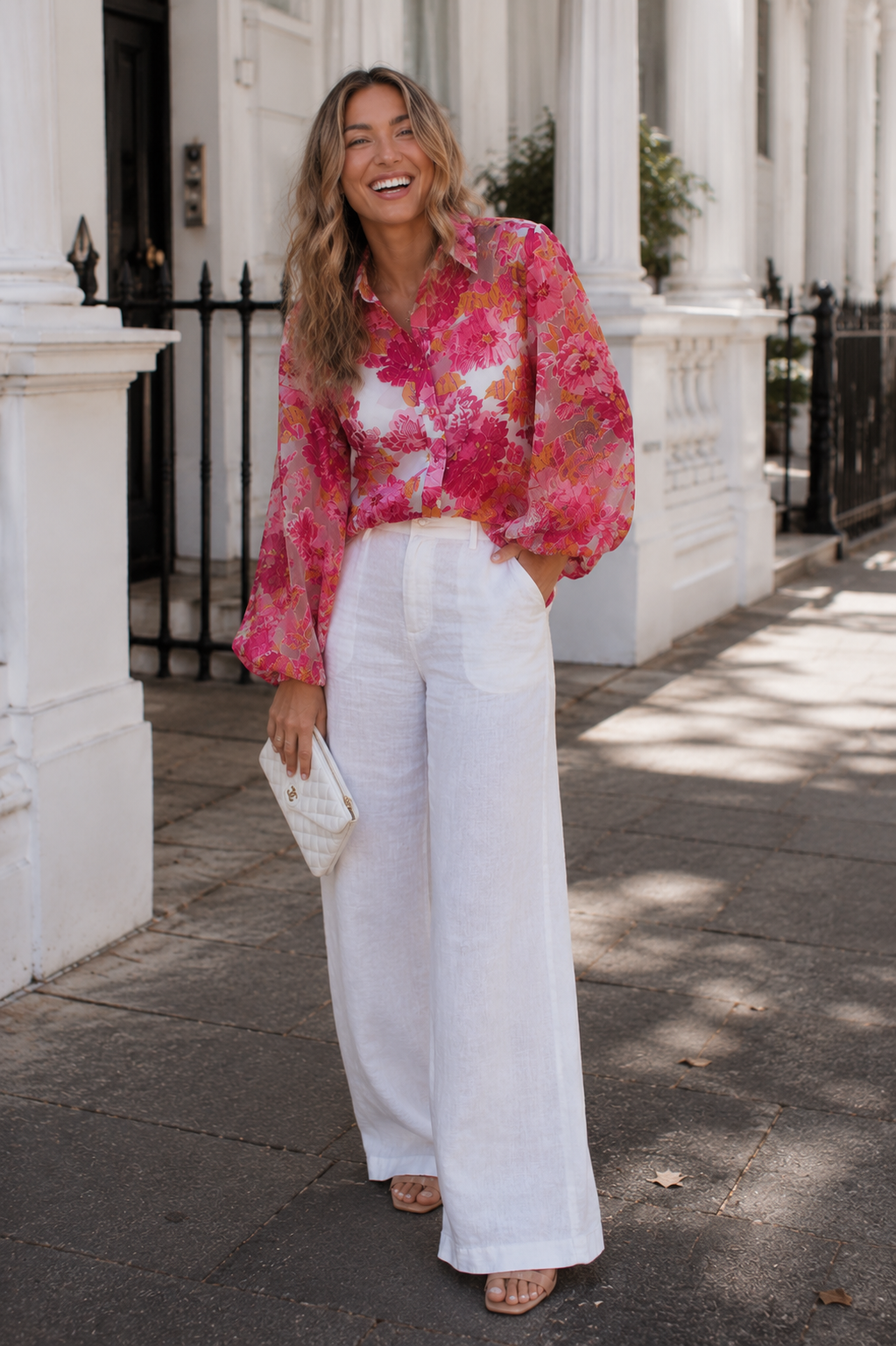Women's pink and white floral shirt, the Janette Shirt in Pink and White Floral by Esther & Co