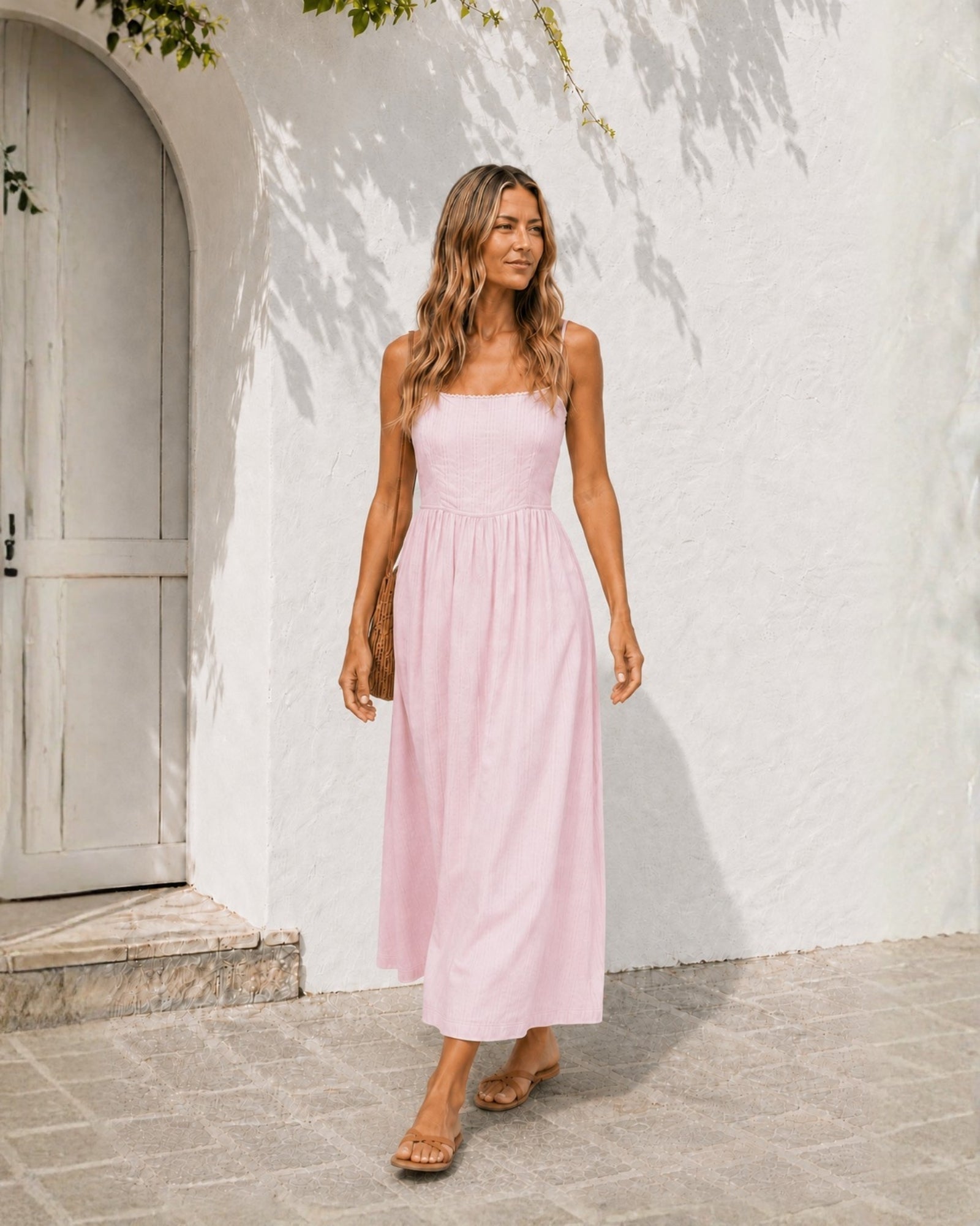 Women's pastel pink cotton maxi dress with square neckline, the Janiella Dress in Pastel Pink by Esther & Co