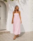 Women's pastel pink cotton maxi dress with square neckline, the Janiella Dress in Pastel Pink by Esther & Co