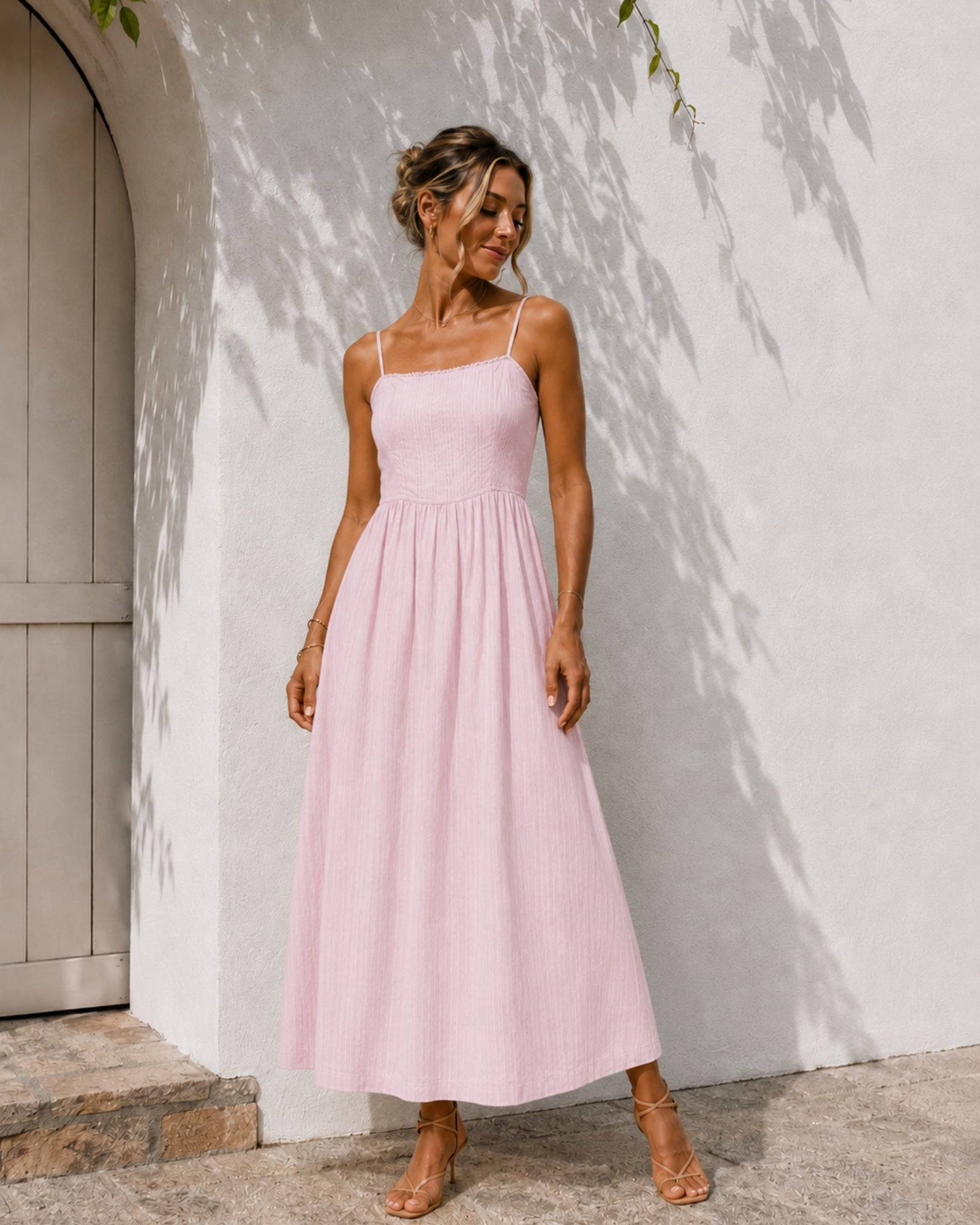 Women's pastel pink cotton midi dress with scalloped square neckline, the Janiella Dress in Pastel Pink by Esther & Co