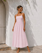 Women's pastel pink cotton midi dress with scalloped square neckline, the Janiella Dress in Pastel Pink by Esther & Co