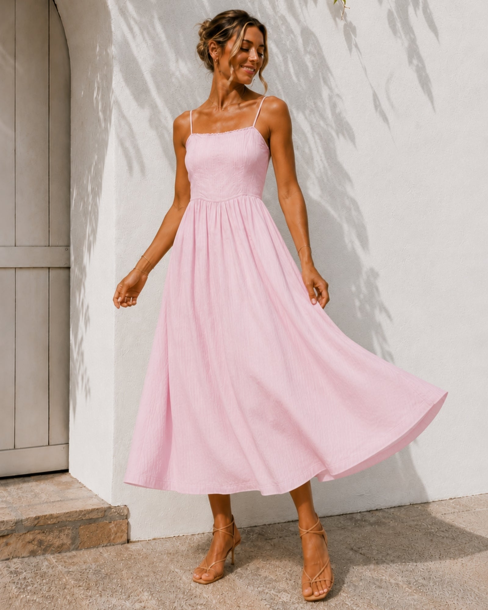 Women's pastel pink cotton midi dress front view by Esther & Co