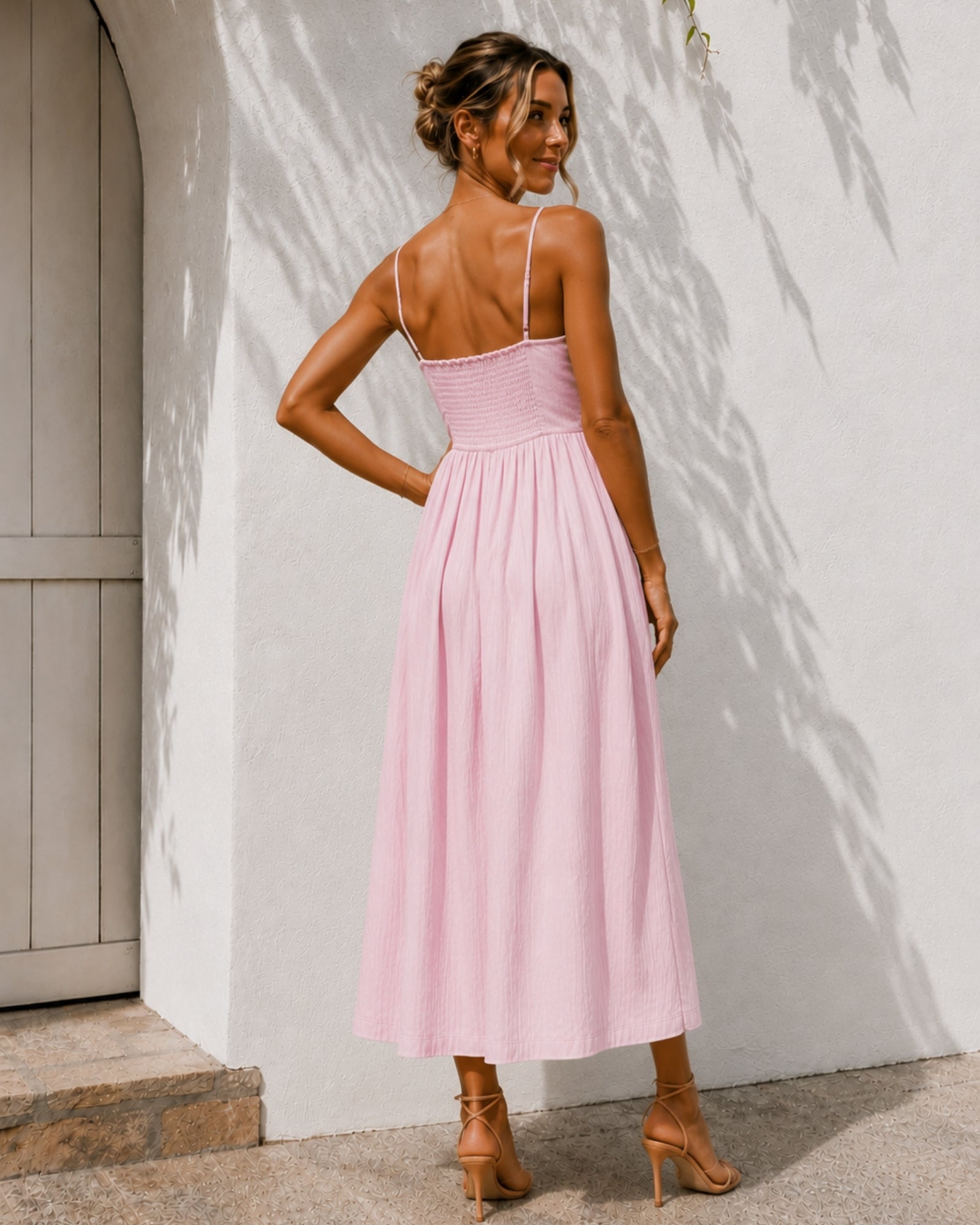 Women's pastel pink A-line midi dress side view by Esther & Co