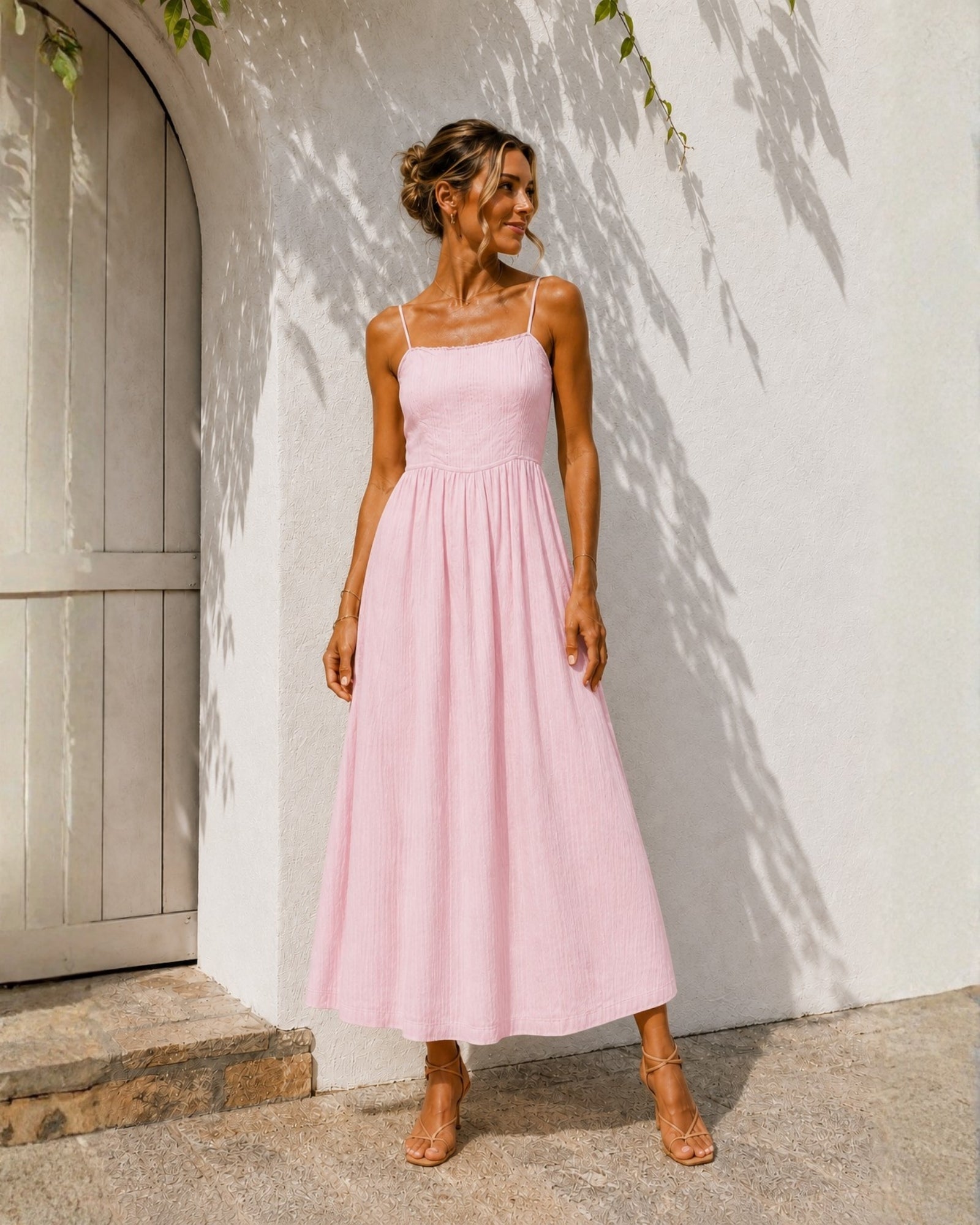Women's pastel pink cotton midi dress back view by Esther & Co