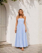 Women's powder blue cotton maxi dress with square neckline, the Janiella Dress in Powder Blue by Esther & Co