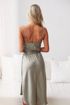 Jessica Dress in Khaki khaki cowl neck satin dress back view