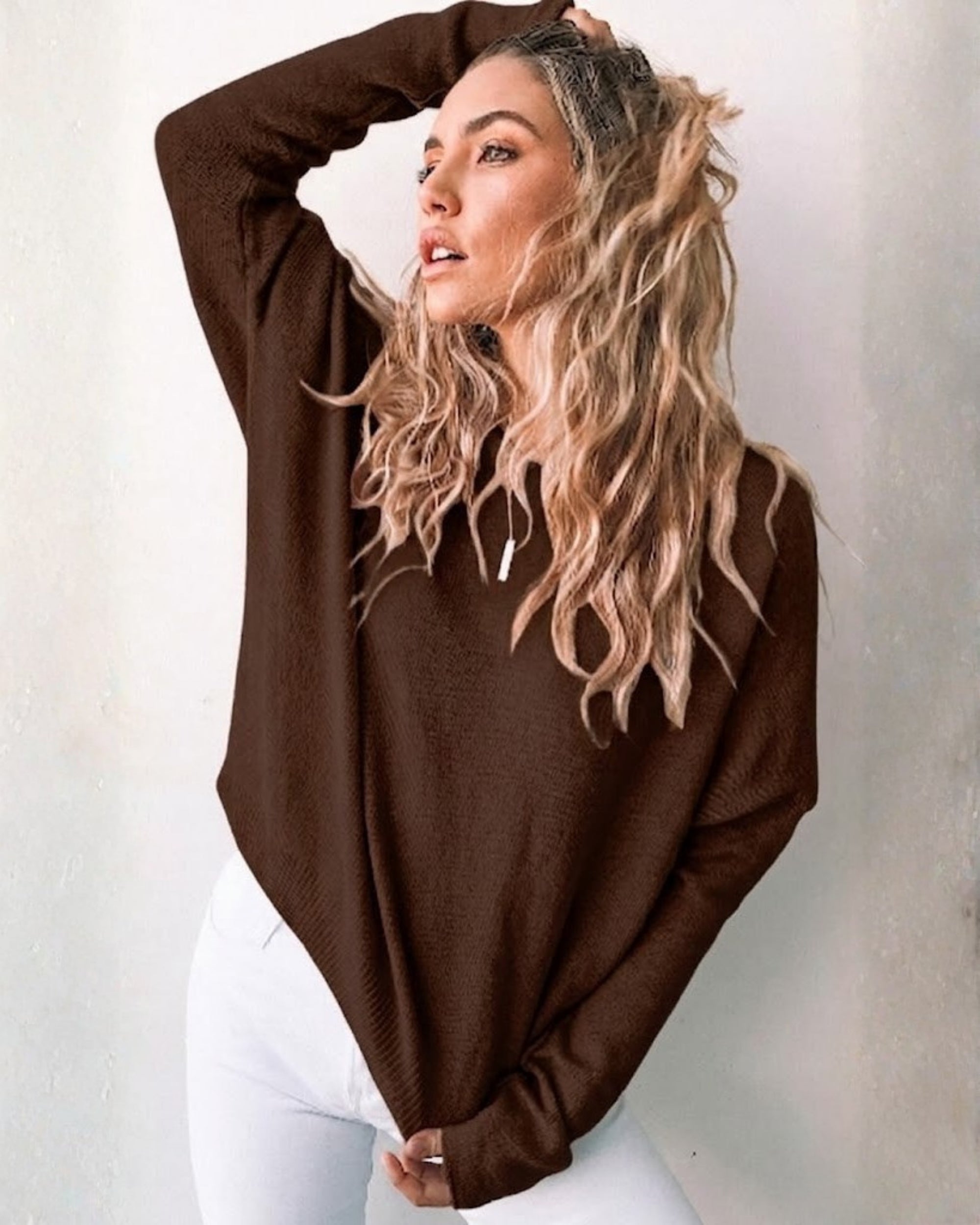 Joansy Knit in Chocolate womens ribbed knit jumper in chocolate front view