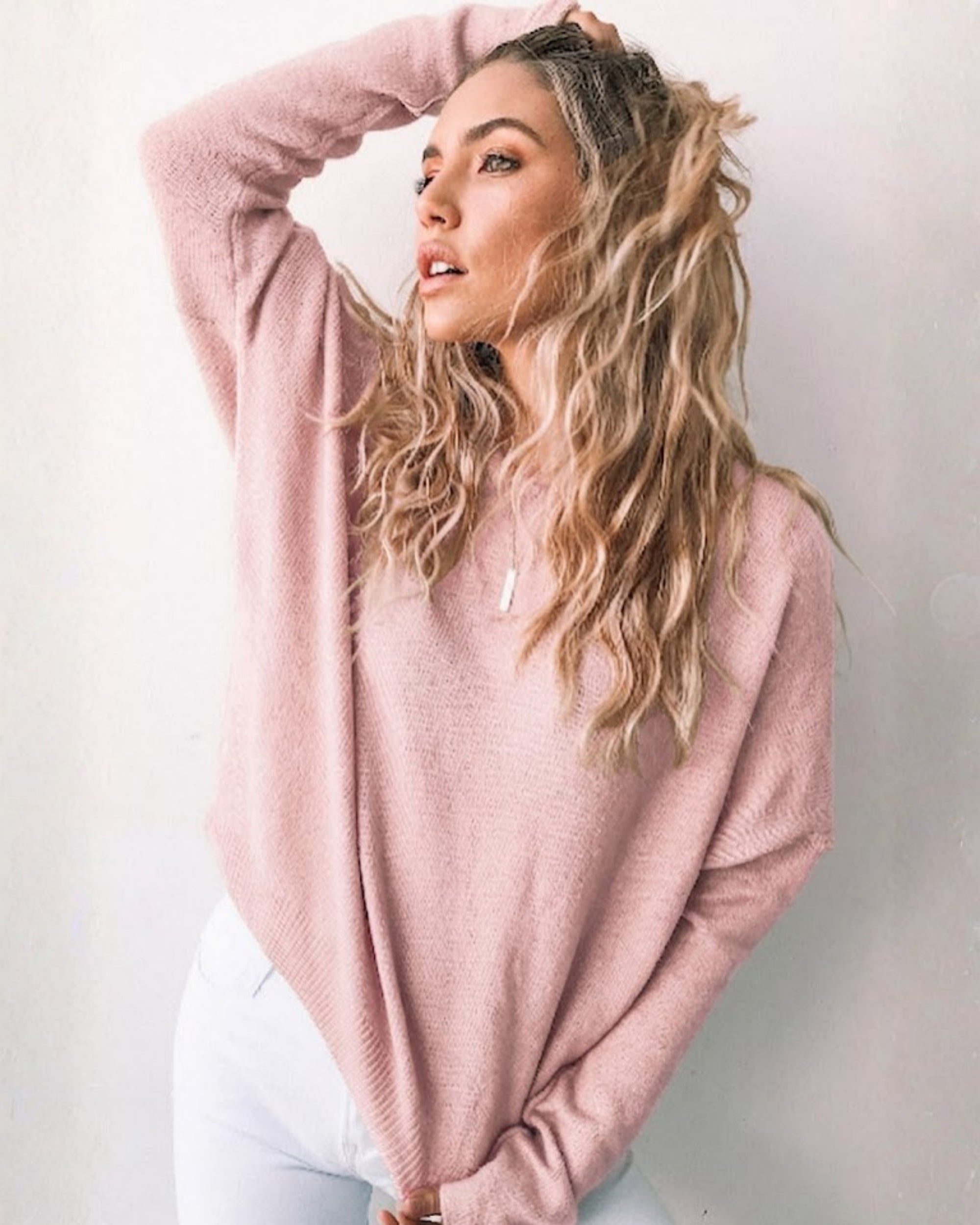 Joansy Knit in Light Pink womens ribbed knit jumper in soft light pink front view