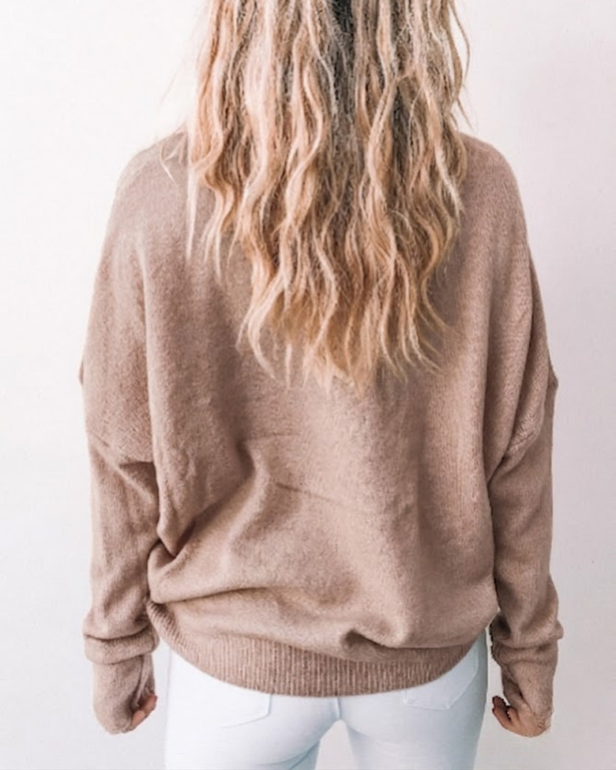 Joansy Knit in Oat womens oat ribbed knit jumper styled outfit
