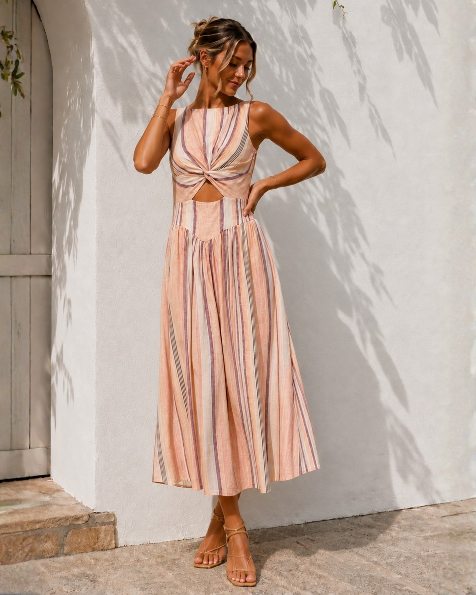 Women's multi stripe sleeveless midi dress, the Jolene Dress in Multi Stripe by Esther & Co