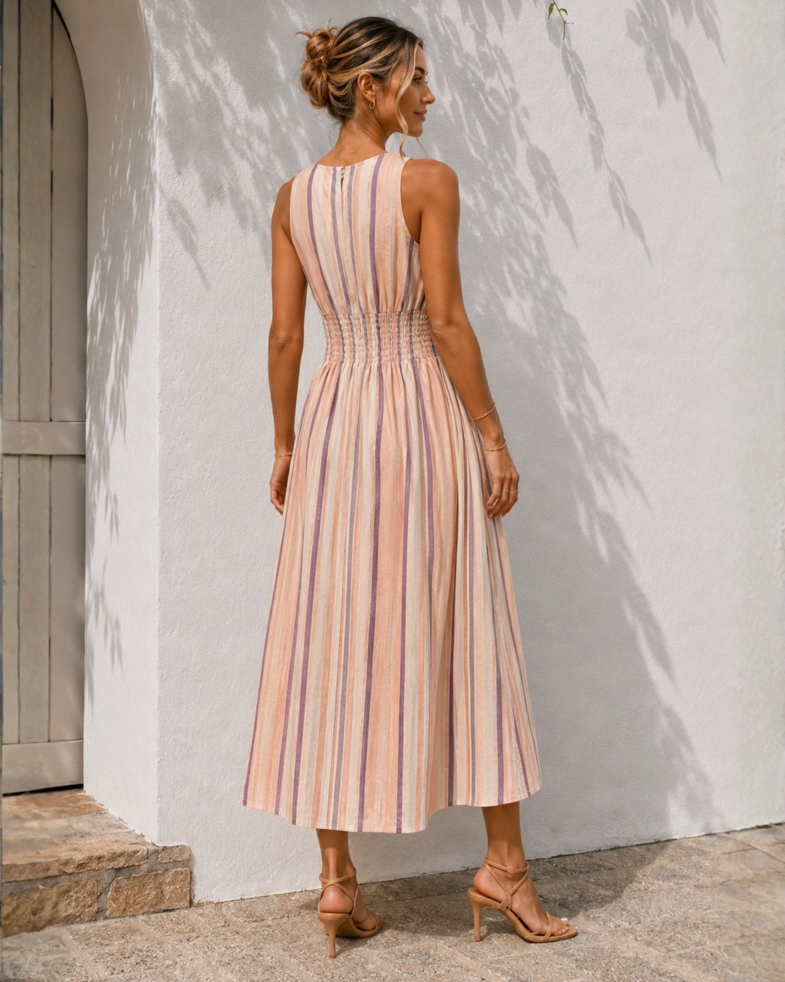 Women's striped sleeveless midi dress detail, the Jolene Dress in Multi Stripe by Esther & Co