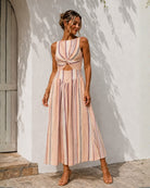 Women's multi stripe sleeveless midi dress styled outfit, the Jolene Dress in Multi Stripe by Esther & Co
