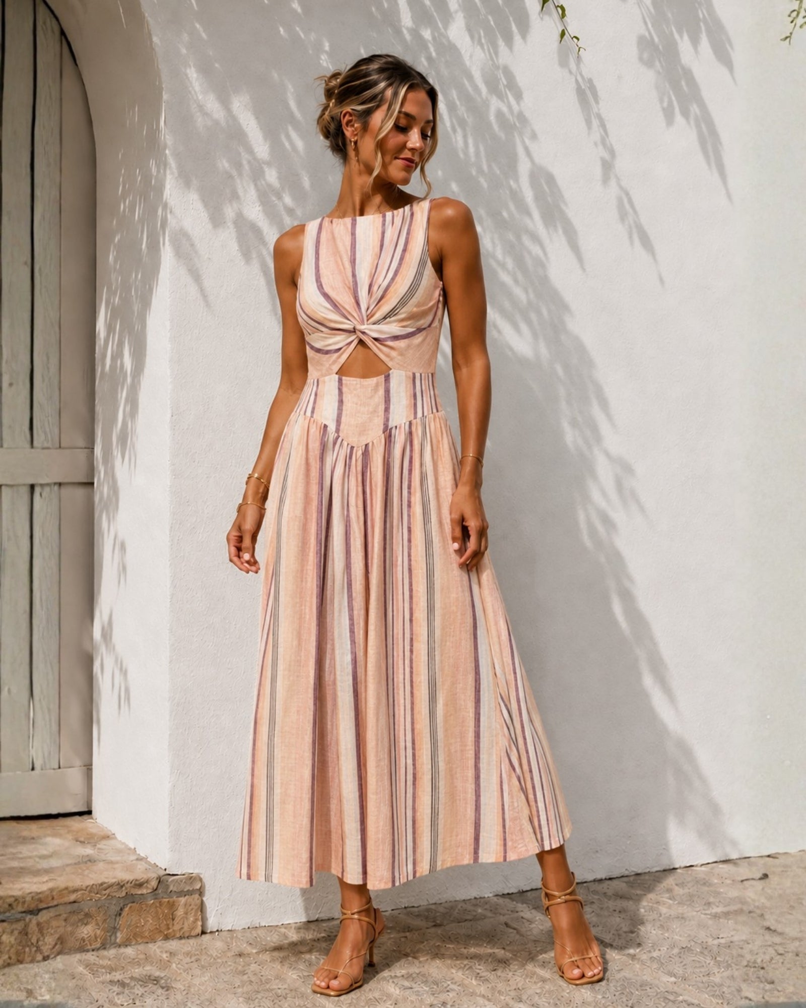 Women's multi stripe sleeveless midi dress styled outfit, the Jolene Dress in Multi Stripe by Esther & Co