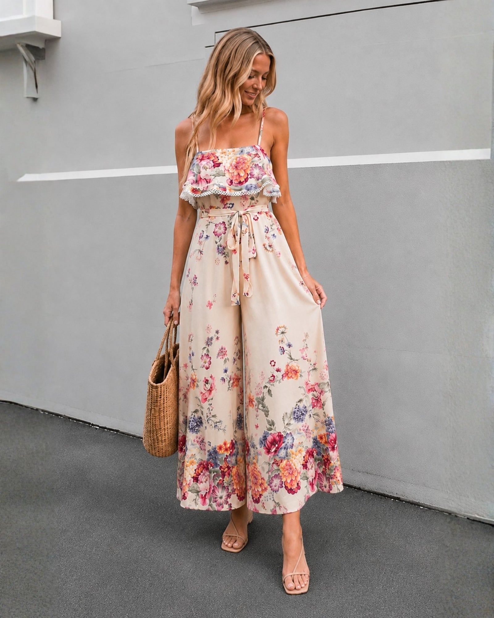 Women's square neck floral print wide leg jumpsuit, the Kaielle Jumpsuit in Floral Harmony by Esther & Co