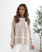 Kaliyah Knit in Beige Multi beige and white printed knit full length view