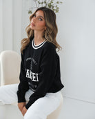 Kanoe Knit in Black Print black text print wool blend knit back view