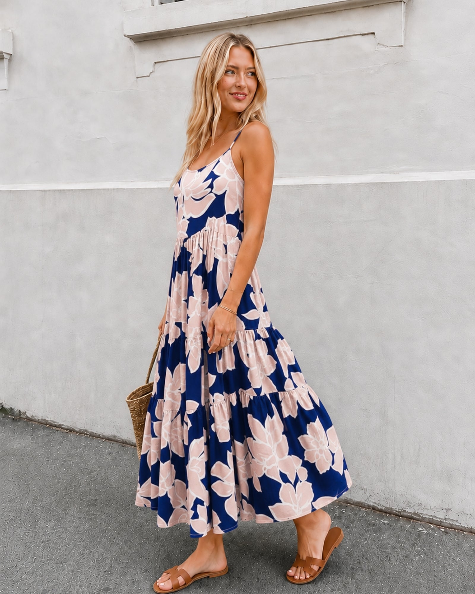 Women's navy floral maxi dress styled outfit by Esther & Co