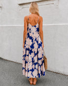 Women's navy floral maxi dress side view by Esther & Co