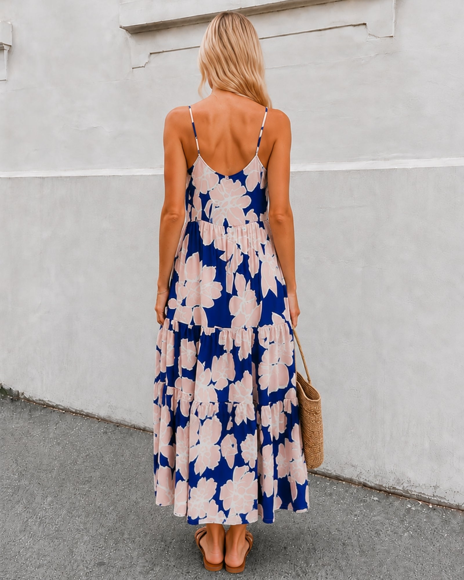 Women's navy floral maxi dress side view by Esther & Co
