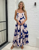 Women's navy print maxi dress side view by Esther & Co