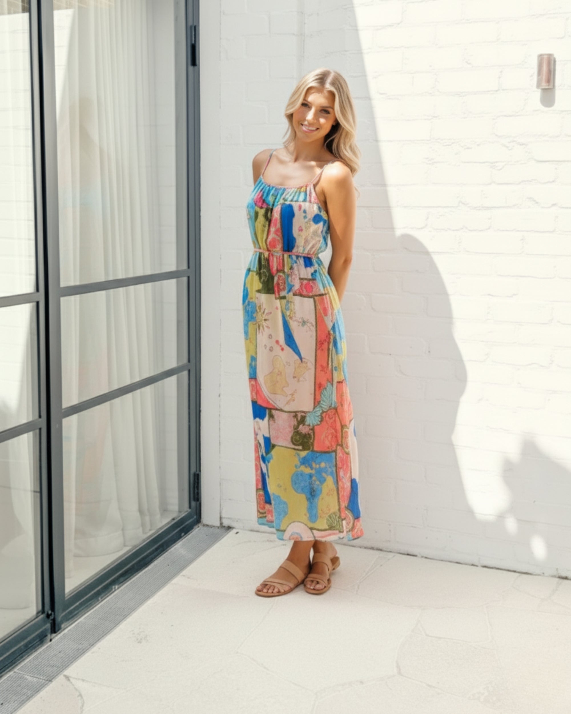 Women's multi print maxi dress front view by Esther & Co