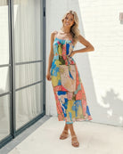 Women's multi print maxi dress styled outfit by Esther & Co