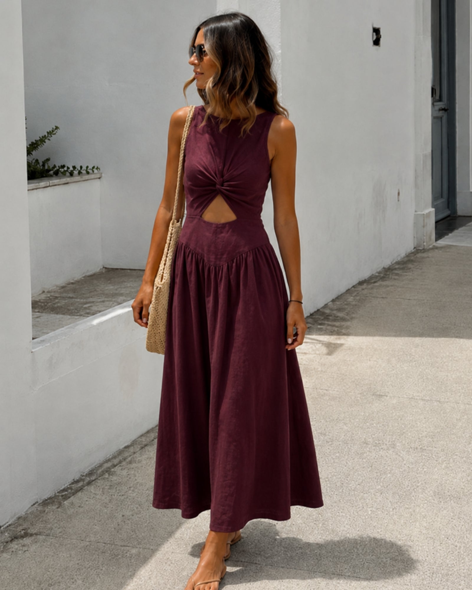 Women's plum linen midi dress full length view, the Kirah Dress in Plum by Esther & Co